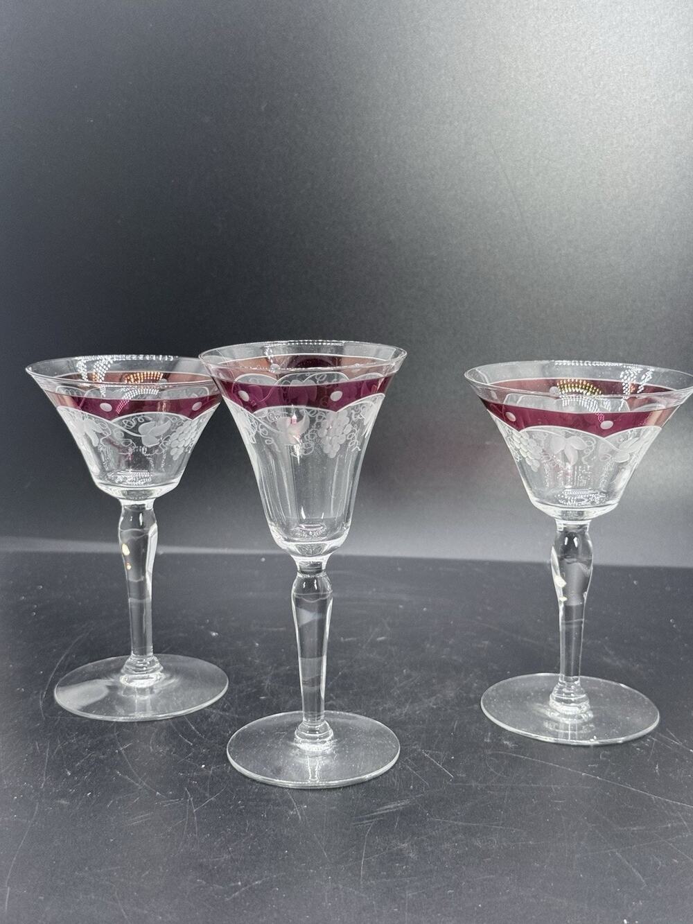 Cranberry Flash Clear Cut Crystal 3 Cordial Wine Glasses Etched Red And Clear